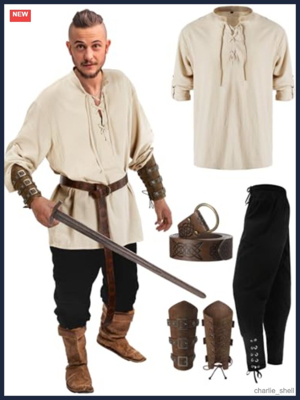 Men's Renaissance Costume 4 Pc Medieval Set Shirt Pants Belt Wrist Guards